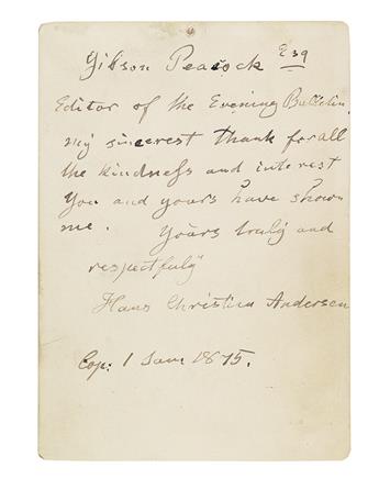 ANDERSEN, HANS CHRISTIAN. Brief Autograph Letter Signed, to the PA Evening Bulletin editor Gibson Peacock, in English,